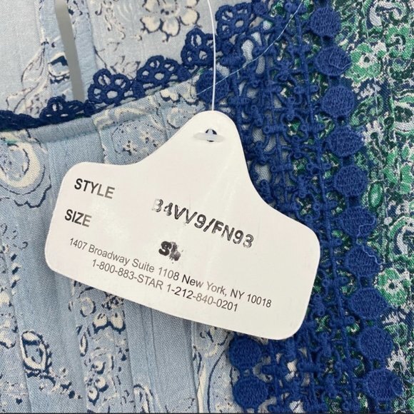 Angie Blue and Green Parsley Print w Balloon Sleeves & Lace detail S - Picture 6 of 10